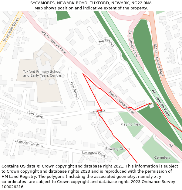 SYCAMORES, NEWARK ROAD, TUXFORD, NEWARK, NG22 0NA: Location map and indicative extent of plot