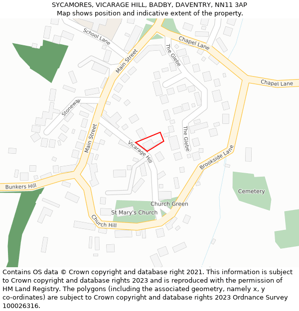 SYCAMORES, VICARAGE HILL, BADBY, DAVENTRY, NN11 3AP: Location map and indicative extent of plot