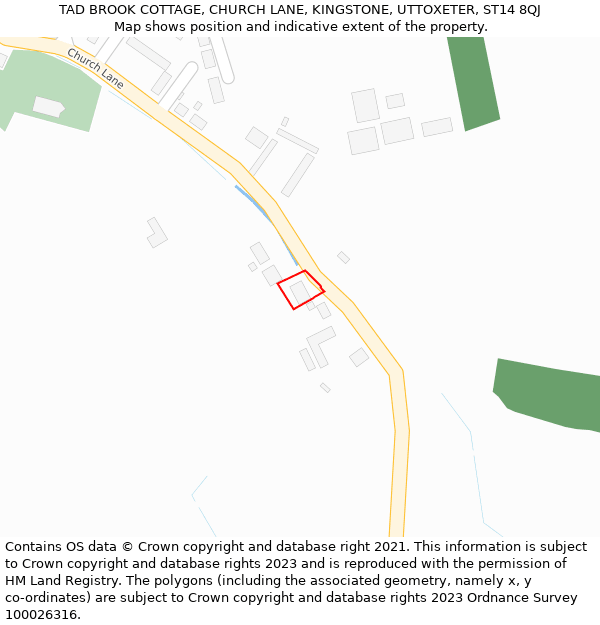 TAD BROOK COTTAGE, CHURCH LANE, KINGSTONE, UTTOXETER, ST14 8QJ: Location map and indicative extent of plot