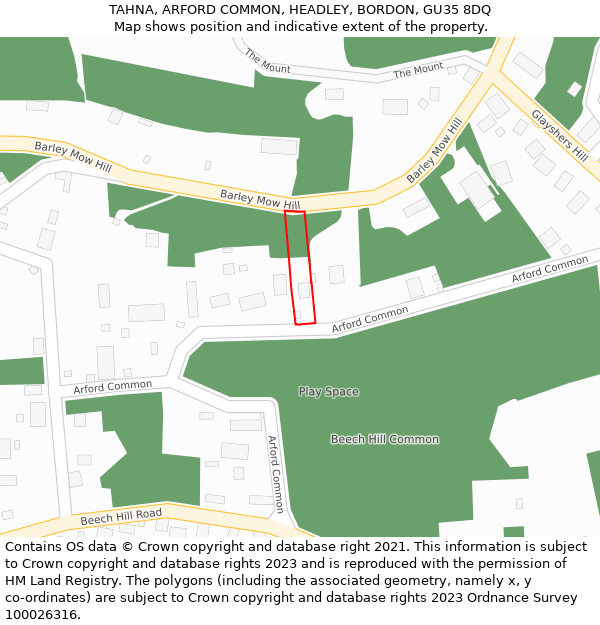 TAHNA, ARFORD COMMON, HEADLEY, BORDON, GU35 8DQ: Location map and indicative extent of plot