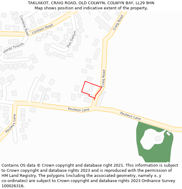 TAKLAKOT, CRAIG ROAD, OLD COLWYN, COLWYN BAY, LL29 9HN: Location map and indicative extent of plot