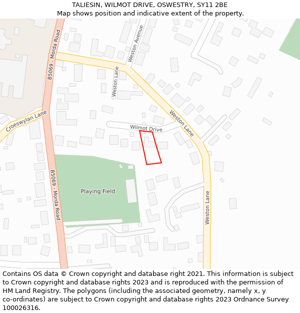 TALIESIN, WILMOT DRIVE, OSWESTRY, SY11 2BE: Location map and indicative extent of plot