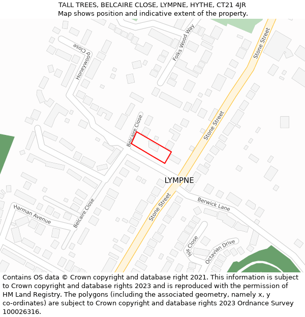 TALL TREES, BELCAIRE CLOSE, LYMPNE, HYTHE, CT21 4JR: Location map and indicative extent of plot