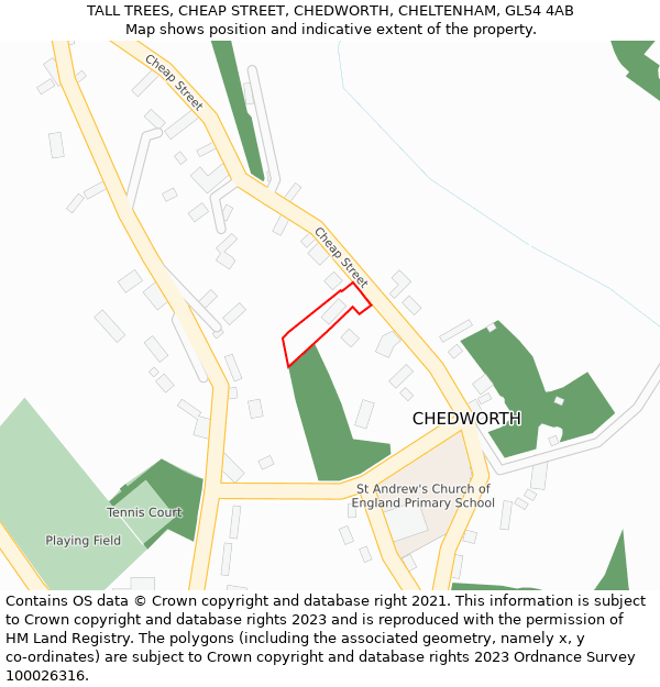 TALL TREES, CHEAP STREET, CHEDWORTH, CHELTENHAM, GL54 4AB: Location map and indicative extent of plot