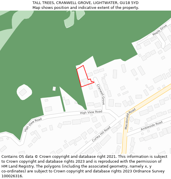 TALL TREES, CRANWELL GROVE, LIGHTWATER, GU18 5YD: Location map and indicative extent of plot