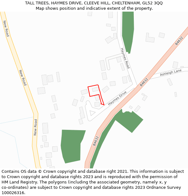 TALL TREES, HAYMES DRIVE, CLEEVE HILL, CHELTENHAM, GL52 3QQ: Location map and indicative extent of plot
