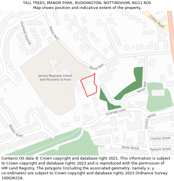 TALL TREES, MANOR PARK, RUDDINGTON, NOTTINGHAM, NG11 6DS: Location map and indicative extent of plot