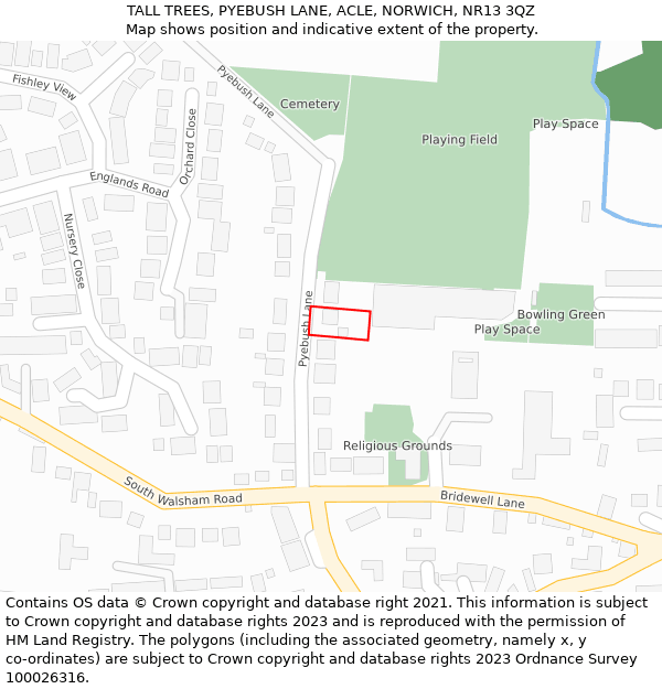 TALL TREES, PYEBUSH LANE, ACLE, NORWICH, NR13 3QZ: Location map and indicative extent of plot