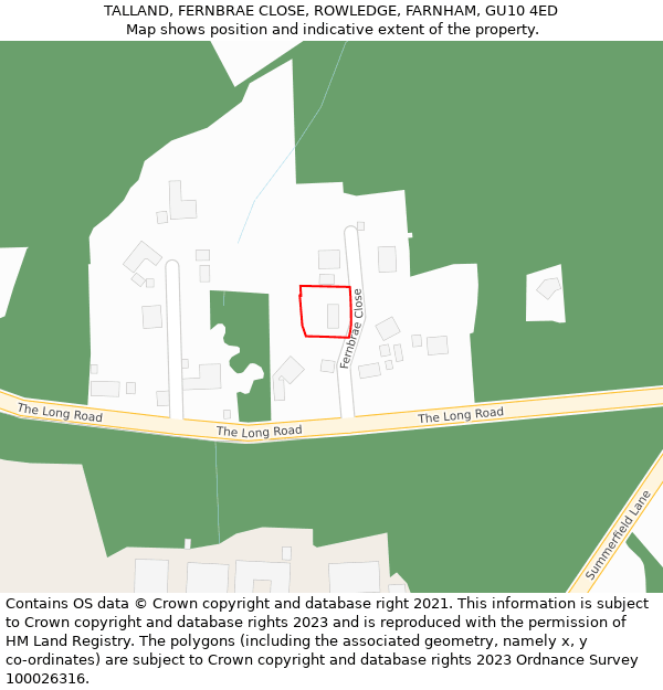 TALLAND, FERNBRAE CLOSE, ROWLEDGE, FARNHAM, GU10 4ED: Location map and indicative extent of plot