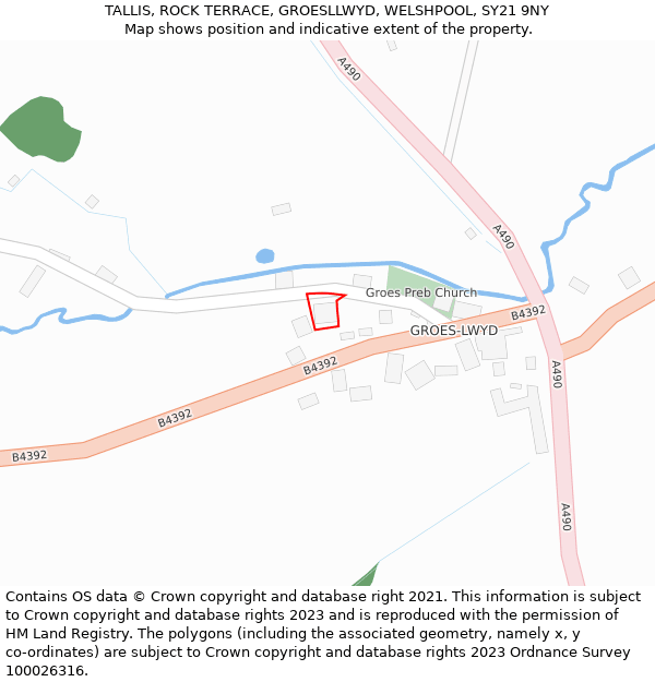 TALLIS, ROCK TERRACE, GROESLLWYD, WELSHPOOL, SY21 9NY: Location map and indicative extent of plot