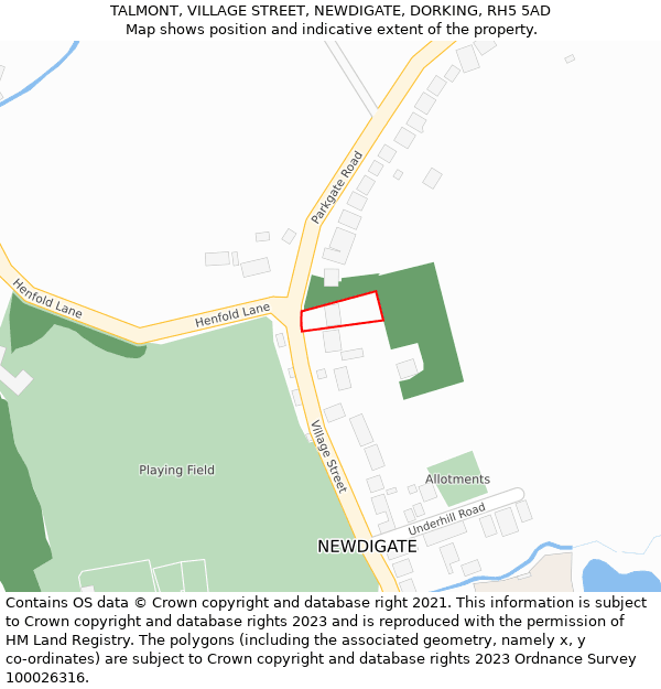 TALMONT, VILLAGE STREET, NEWDIGATE, DORKING, RH5 5AD: Location map and indicative extent of plot
