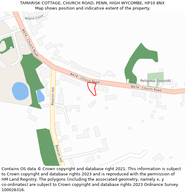 TAMARISK COTTAGE, CHURCH ROAD, PENN, HIGH WYCOMBE, HP10 8NX: Location map and indicative extent of plot