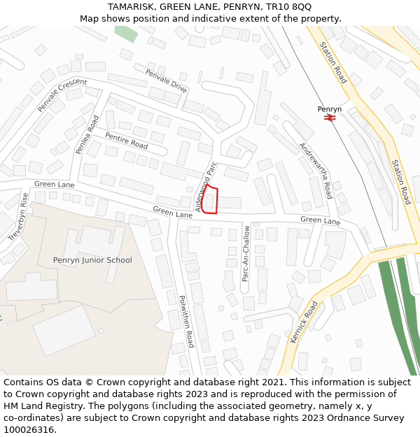 TAMARISK, GREEN LANE, PENRYN, TR10 8QQ: Location map and indicative extent of plot