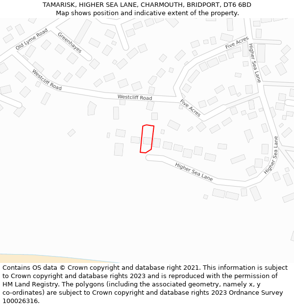 TAMARISK, HIGHER SEA LANE, CHARMOUTH, BRIDPORT, DT6 6BD: Location map and indicative extent of plot