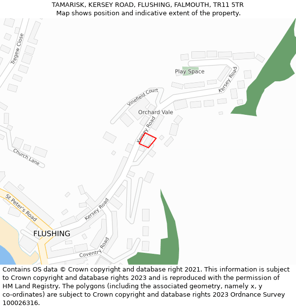 TAMARISK, KERSEY ROAD, FLUSHING, FALMOUTH, TR11 5TR: Location map and indicative extent of plot