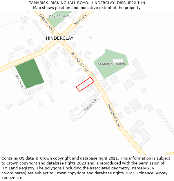 TAMARISK, RICKINGHALL ROAD, HINDERCLAY, DISS, IP22 1HN: Location map and indicative extent of plot