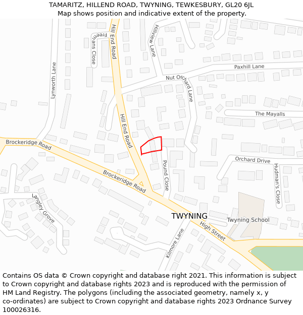 TAMARITZ, HILLEND ROAD, TWYNING, TEWKESBURY, GL20 6JL: Location map and indicative extent of plot