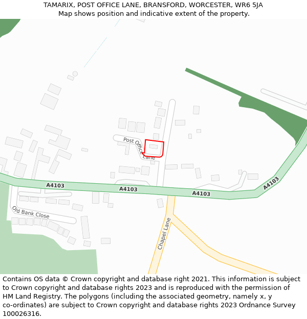 TAMARIX, POST OFFICE LANE, BRANSFORD, WORCESTER, WR6 5JA: Location map and indicative extent of plot