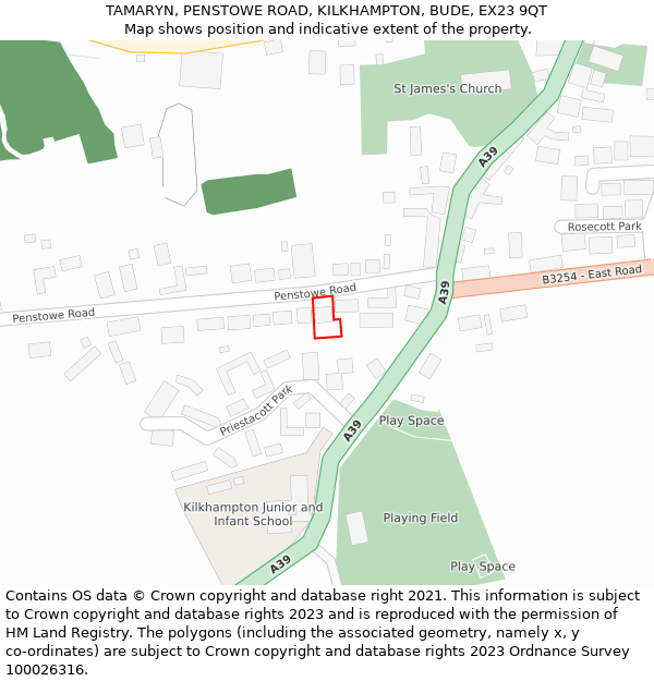 TAMARYN, PENSTOWE ROAD, KILKHAMPTON, BUDE, EX23 9QT: Location map and indicative extent of plot