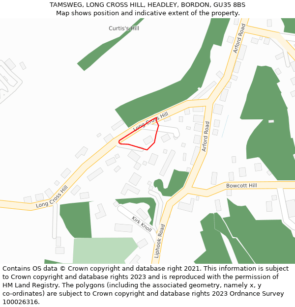 TAMSWEG, LONG CROSS HILL, HEADLEY, BORDON, GU35 8BS: Location map and indicative extent of plot