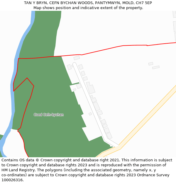 TAN Y BRYN, CEFN BYCHAN WOODS, PANTYMWYN, MOLD, CH7 5EP: Location map and indicative extent of plot