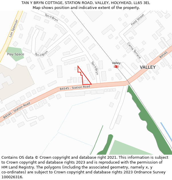 TAN Y BRYN COTTAGE, STATION ROAD, VALLEY, HOLYHEAD, LL65 3EL: Location map and indicative extent of plot