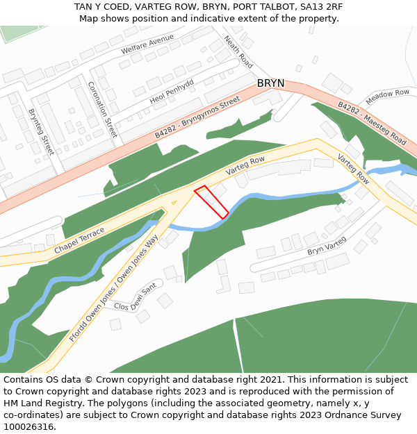 TAN Y COED, VARTEG ROW, BRYN, PORT TALBOT, SA13 2RF: Location map and indicative extent of plot