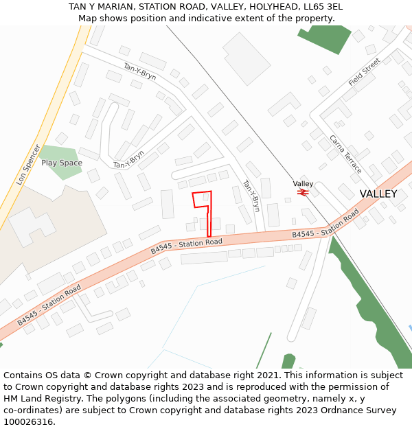 TAN Y MARIAN, STATION ROAD, VALLEY, HOLYHEAD, LL65 3EL: Location map and indicative extent of plot