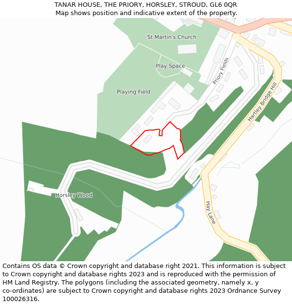 TANAR HOUSE, THE PRIORY, HORSLEY, STROUD, GL6 0QR: Location map and indicative extent of plot