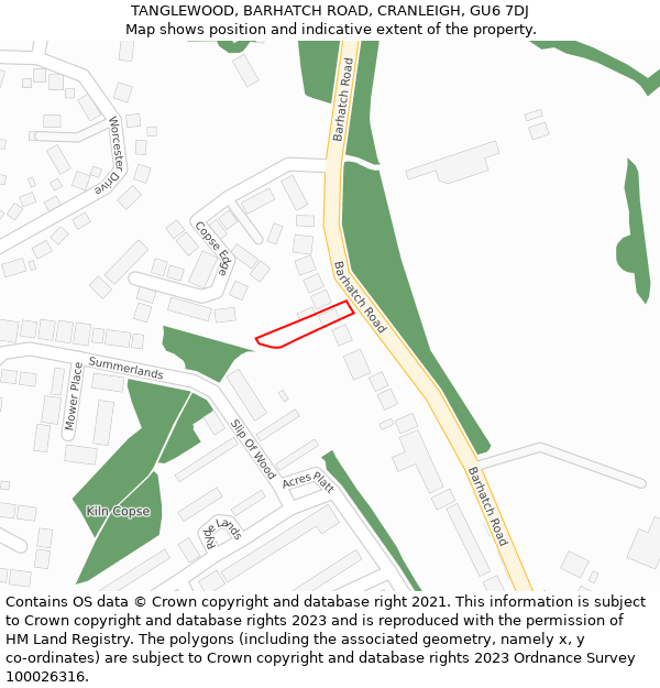 TANGLEWOOD, BARHATCH ROAD, CRANLEIGH, GU6 7DJ: Location map and indicative extent of plot