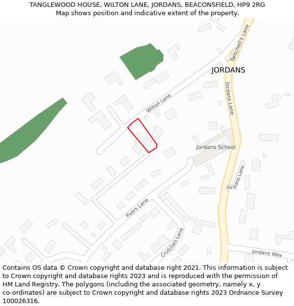 TANGLEWOOD HOUSE, WILTON LANE, JORDANS, BEACONSFIELD, HP9 2RG: Location map and indicative extent of plot