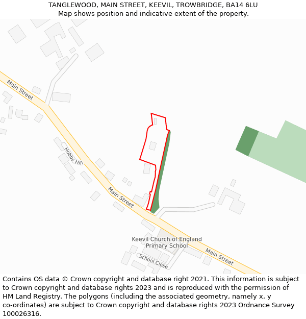 TANGLEWOOD, MAIN STREET, KEEVIL, TROWBRIDGE, BA14 6LU: Location map and indicative extent of plot