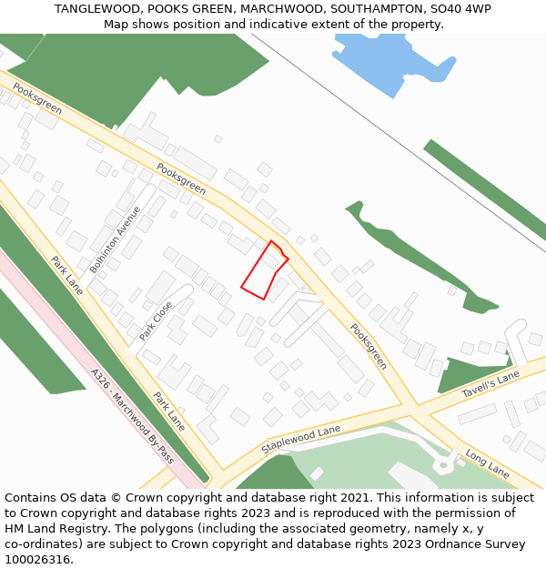 TANGLEWOOD, POOKS GREEN, MARCHWOOD, SOUTHAMPTON, SO40 4WP: Location map and indicative extent of plot