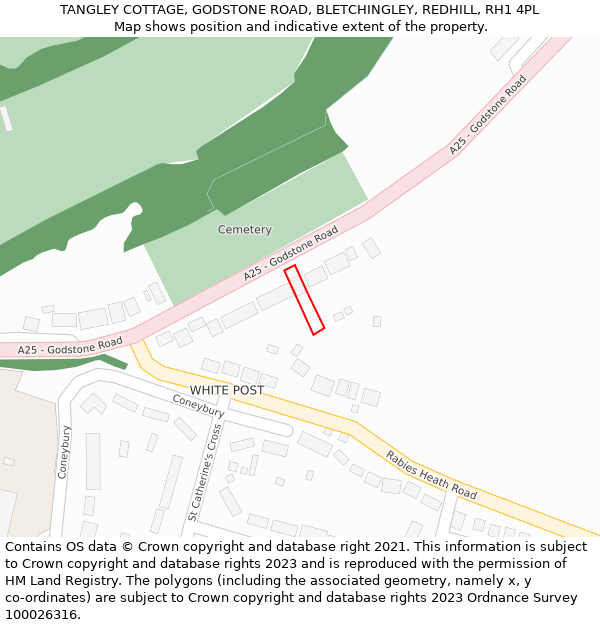 TANGLEY COTTAGE, GODSTONE ROAD, BLETCHINGLEY, REDHILL, RH1 4PL: Location map and indicative extent of plot