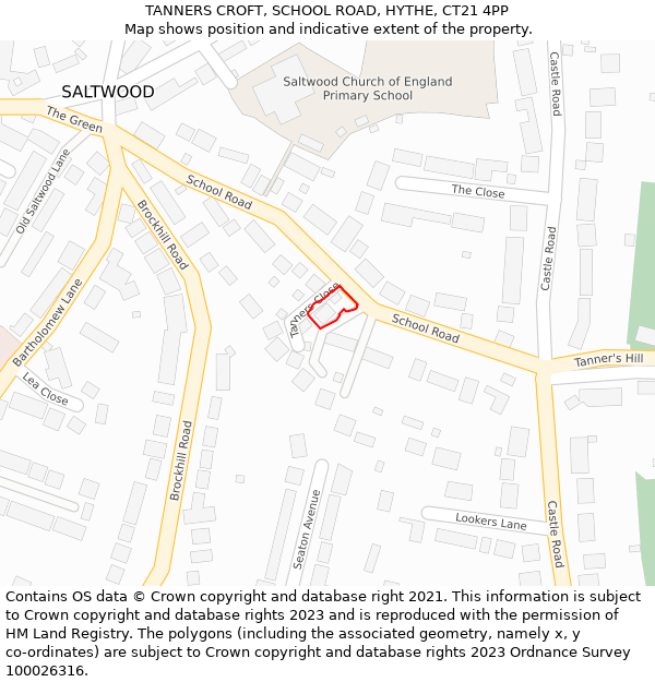 TANNERS CROFT, SCHOOL ROAD, HYTHE, CT21 4PP: Location map and indicative extent of plot