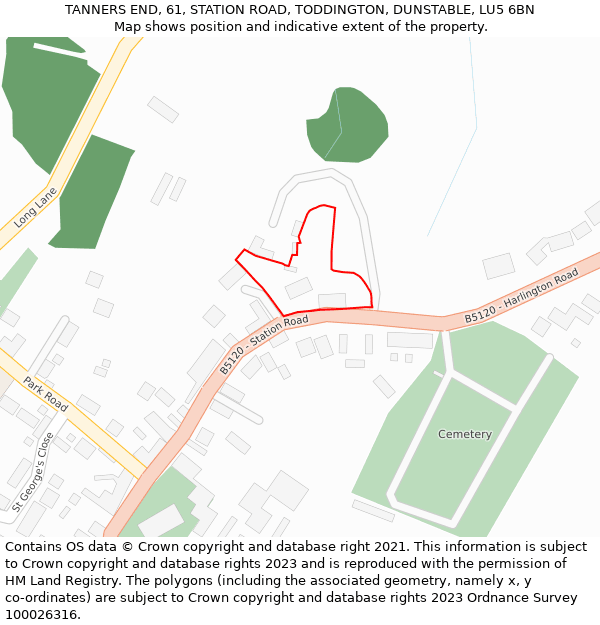 TANNERS END, 61, STATION ROAD, TODDINGTON, DUNSTABLE, LU5 6BN: Location map and indicative extent of plot