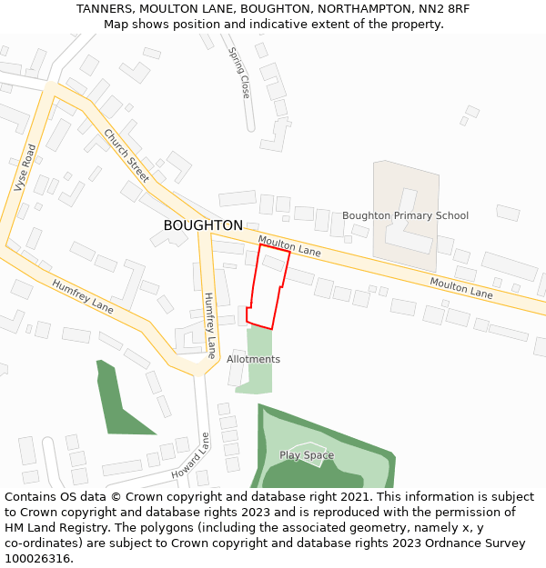 TANNERS, MOULTON LANE, BOUGHTON, NORTHAMPTON, NN2 8RF: Location map and indicative extent of plot