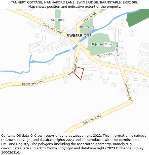 TANNERY COTTAGE, HANNAFORD LANE, SWIMBRIDGE, BARNSTAPLE, EX32 0PL: Location map and indicative extent of plot