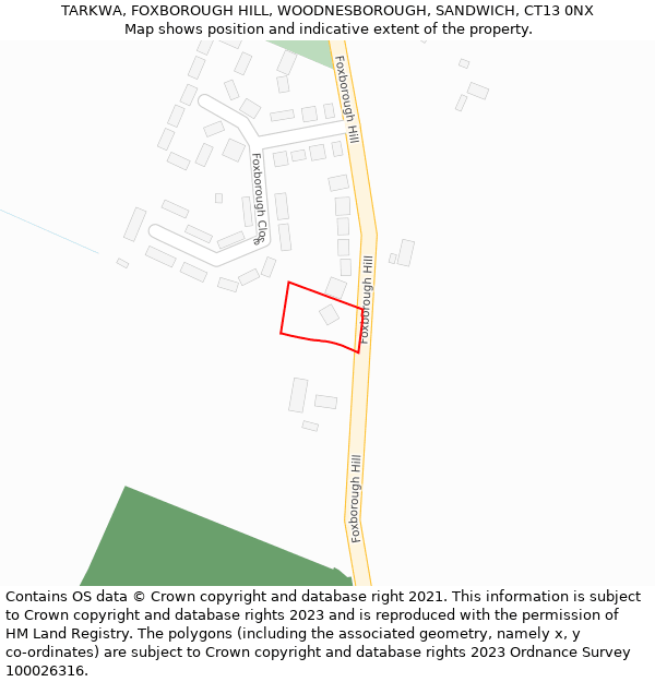 TARKWA, FOXBOROUGH HILL, WOODNESBOROUGH, SANDWICH, CT13 0NX: Location map and indicative extent of plot