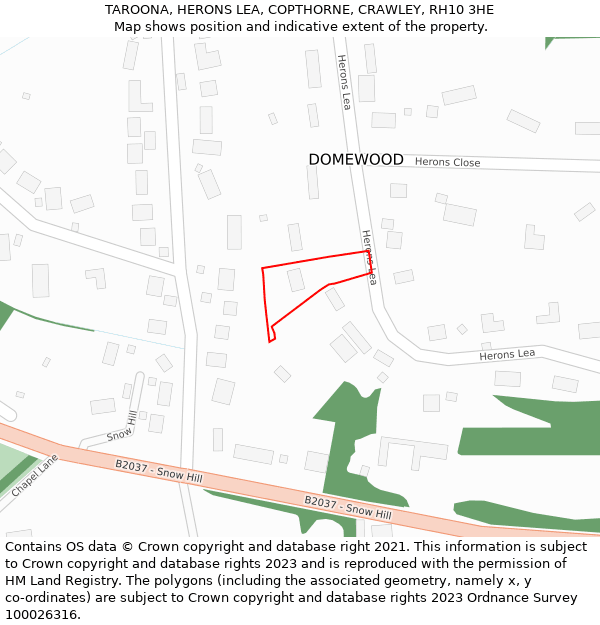 TAROONA, HERONS LEA, COPTHORNE, CRAWLEY, RH10 3HE: Location map and indicative extent of plot