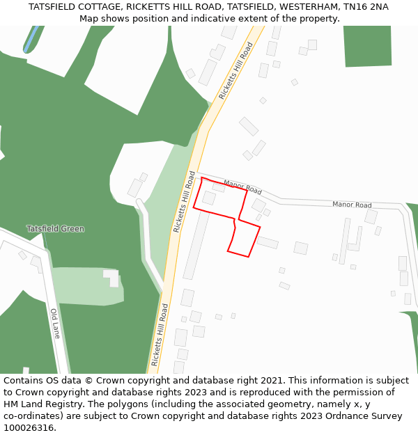 TATSFIELD COTTAGE, RICKETTS HILL ROAD, TATSFIELD, WESTERHAM, TN16 2NA: Location map and indicative extent of plot