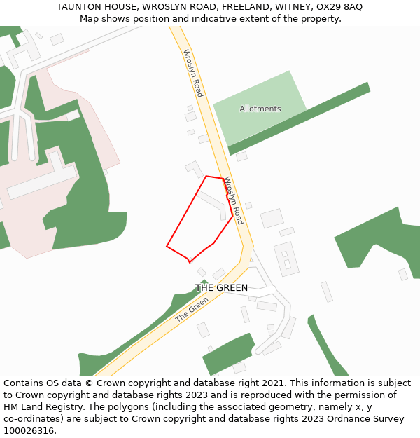 TAUNTON HOUSE, WROSLYN ROAD, FREELAND, WITNEY, OX29 8AQ: Location map and indicative extent of plot