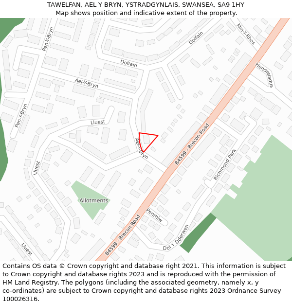 TAWELFAN, AEL Y BRYN, YSTRADGYNLAIS, SWANSEA, SA9 1HY: Location map and indicative extent of plot