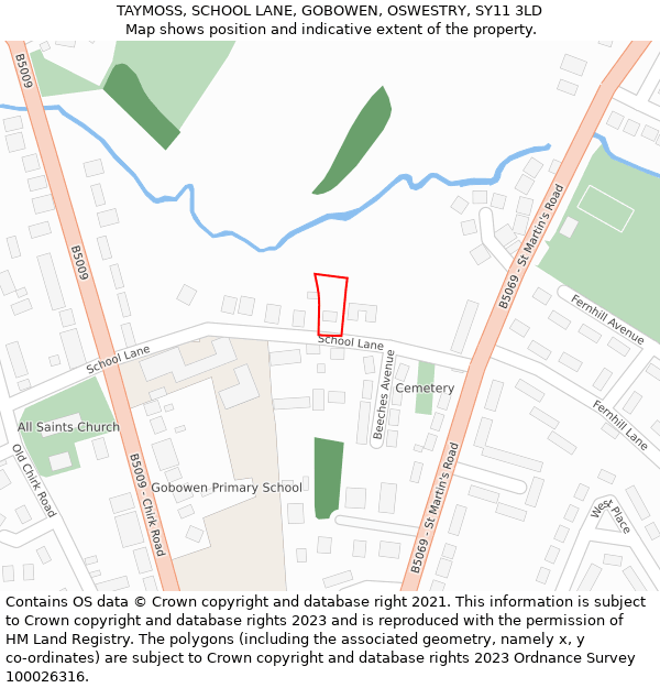 TAYMOSS, SCHOOL LANE, GOBOWEN, OSWESTRY, SY11 3LD: Location map and indicative extent of plot