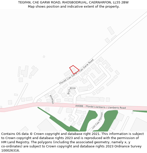 TEGFAN, CAE GARW ROAD, RHOSBODRUAL, CAERNARFON, LL55 2BW: Location map and indicative extent of plot