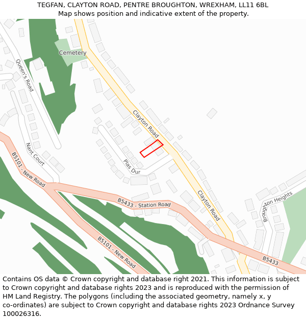 TEGFAN, CLAYTON ROAD, PENTRE BROUGHTON, WREXHAM, LL11 6BL: Location map and indicative extent of plot