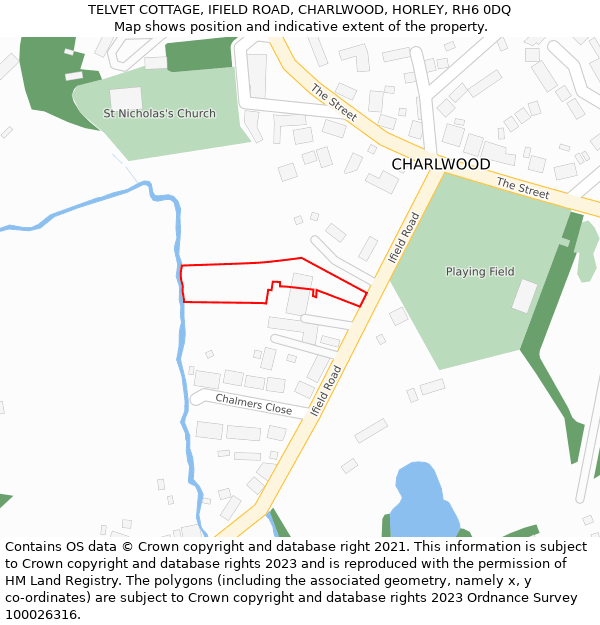 TELVET COTTAGE, IFIELD ROAD, CHARLWOOD, HORLEY, RH6 0DQ: Location map and indicative extent of plot