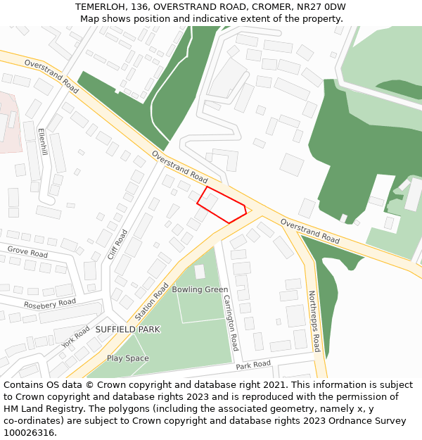 TEMERLOH, 136, OVERSTRAND ROAD, CROMER, NR27 0DW: Location map and indicative extent of plot