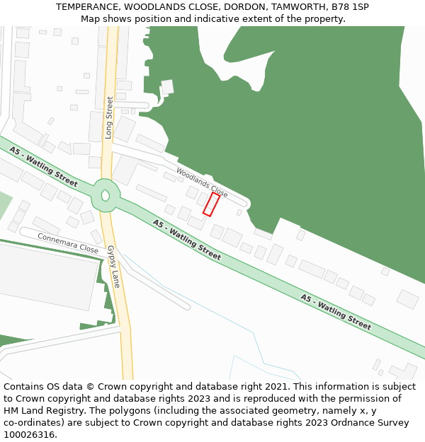 TEMPERANCE, WOODLANDS CLOSE, DORDON, TAMWORTH, B78 1SP: Location map and indicative extent of plot