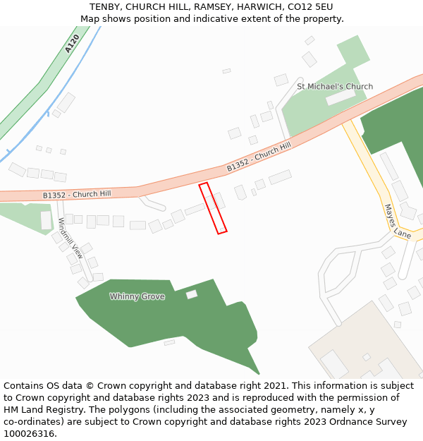 TENBY, CHURCH HILL, RAMSEY, HARWICH, CO12 5EU: Location map and indicative extent of plot